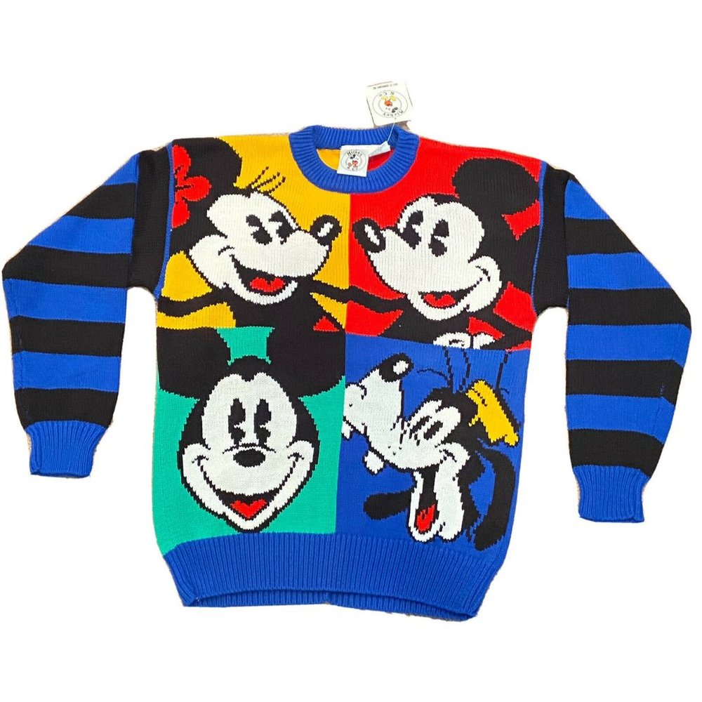 Mickey & Co Knit Sweater Sz M Mickey Minnie Goofy Blue Yellow Green Red NEW VTG
